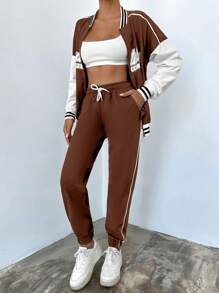 EURMUSE 2pcs Women Solid Color Patchwork Front Zipper Letter Print Long Sleeve Top And Pants Casual Suit - Chocolate Brown - View 3