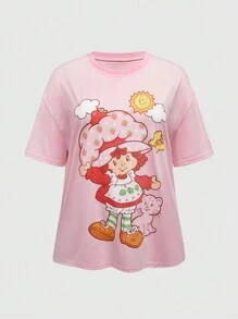 Strawberry Shortcake | ROMWE Áo thun hở vai in họa tiết hoạt hình thường ngày cỡ lớn cho nữ, mùa hè - Hồng - Xem 1