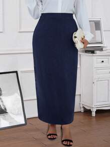 EMERY ROSE 大码女式纯色拉链优雅半身裙 - 藏蓝色 - 查看 1