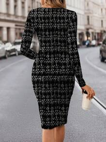 SHEIN Clasi Robe midi pour femmes coupe slim à design minimaliste et simple, convient pour l'automne et l'hiver - Noir et Blanc - Voir 2