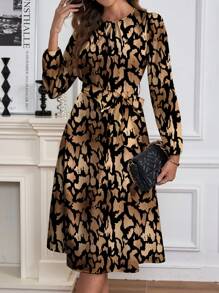 SHEIN Clasi 优雅豹纹修身休闲女式长袖连衣裙，秋冬 - 卡其色 - 查看 1