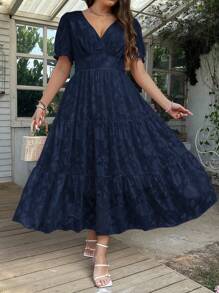 SHEIN Clasi 大码女式 V 领提花镂空优雅连衣裙长款女装 - 藍色 - 查看 5