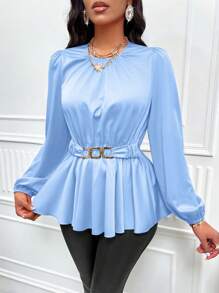 SHEIN Clasi Elegancki damski top z rękawami w jednolitym kolorze i łańcuszkiem, z baskinką i talią