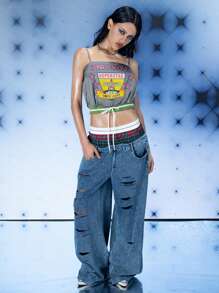 FREAK CITY Designer Women Printed Satin Drawstring Hem Casual Street Gray Cami Top, Holiday, Vacation, Spring & Summer, Beach, Going Out, Festival, Ibiza Fits - Grey - View 4