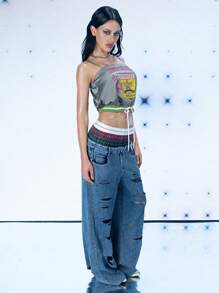 FREAK CITY Designer Women Printed Satin Drawstring Hem Casual Street Gray Cami Top, Holiday, Vacation, Spring & Summer, Beach, Going Out, Festival, Ibiza Fits - Grey - View 5