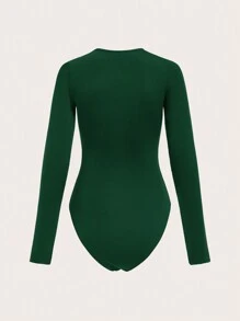 SHEIN BASICS 女士纯色圆领长袖休闲紧身衣，秋季，新年 - 墨綠色 - 查看 2