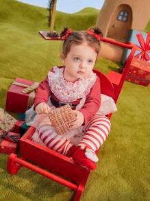 SHEIN Conjunto de pantalones a rayas de Navidad informales para niñas bebé - Rojo y blanco - Ver 7