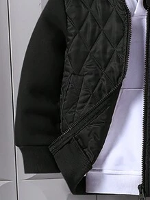 2 件装年轻男孩休闲钻石绗缝棕色拼色运动衫夹克和字母印花运动裤套装，温暖舒适，适合秋冬季穿着 - 黑色 - 查看 4