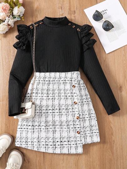 SHEIN Ensemble élégant de 2 pièces : Top à manches longues avec col et volant unicolore pour fille préadolescente et jupe imprimée à carreaux