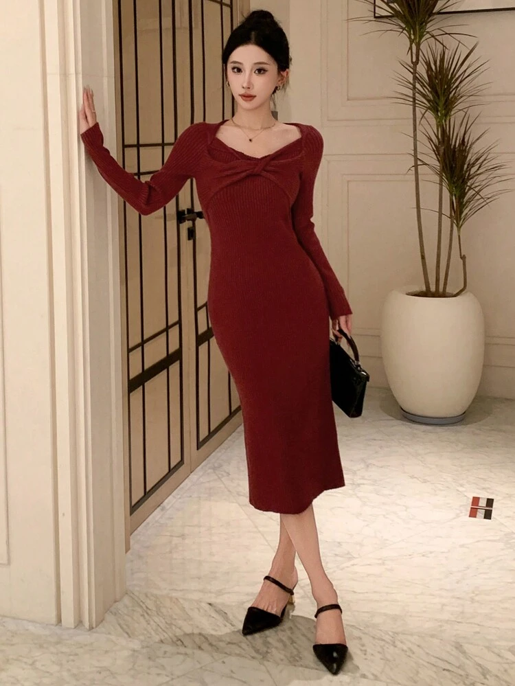 Solid Color Twist Knot Women Spring Autumn Long Sleeve Fitted Elegant Sweater Dress,Fall Women Clothes Red Women Dresses Prom Dress,New Year