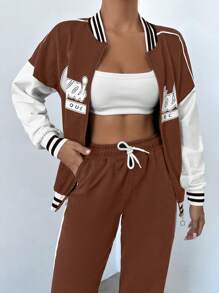 EURMUSE 2pcs Women Solid Color Patchwork Front Zipper Letter Print Long Sleeve Top And Pants Casual Suit - Chocolate Brown - View 6