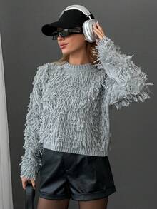 EURMUSE Jersey de cuello redondo con detalles de flecos para mujer - Gris - Ver 6