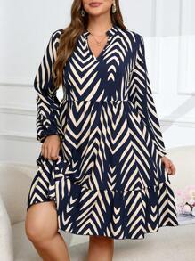 SHEIN Clasi Plus Size Casual Notched Neck Herringbone Printed Dress For Fall - Navy Blue - View 3
