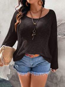 SHEIN LUNE Áo len trễ vai màu trơn thường ngày cỡ lớn - Cà phê nâu - Xem 1