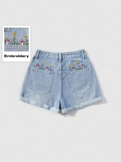 Fairycore Shorts in denim con orlo arrotolato, taglio a-line, con tasche e ricami di funghi e girasoli carini per ragazze