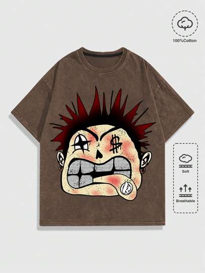 Street Life Camiseta de manga corta de verano para hombre con estampado de retrato de graffiti divertido y efecto de lavado de copos de nieve