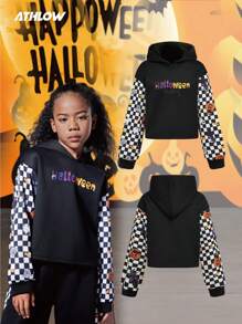 SHEIN Tween Tween Girl Black Short Spliced ​​Loose Knitted Hooded Sweatshirt For Girls, Comfortable And Warm Spliced ​​Halloween Digital Print With Colorful English Letters Outdoor Fashion Sports Top Pumpkin Candy Cat Black And White Plaid Digital Print Outdoor Fashion Sports Campus Street Outdoor Festival Sweatshirt Top Long-Sleeved Hooded - Black - View 3