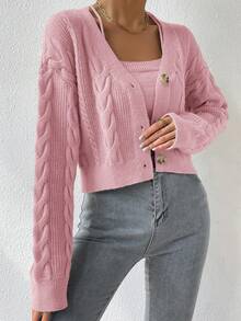 SHEIN Unity Bộ 2 áo len cardigan dài tay trễ vai màu trơn thời trang thu đông cho nữ và áo hai dây - Hồng - Xem 3