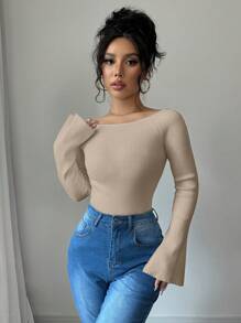 Elenzga 1 pieza Suéter ajustado para damas con mangas abullonadas y hombros descubiertos