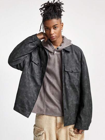 Manfinity NXTstreet Camicia in pelle elastica oversize con maniche lunghe, adatta per l'autunno e l'inverno
