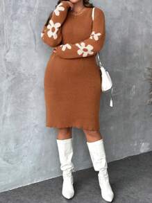 SHEIN LUNE 加大码落肩袖花卉刺绣宽松毛衣连衣裙商务休闲女士、度假装、乡村上衣，适合冬季