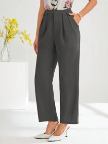 SHEIN Clasi Quần ống côn xếp ly trơn màu cho nữ mùa thu/đông - Màu xám đen - Xem 4