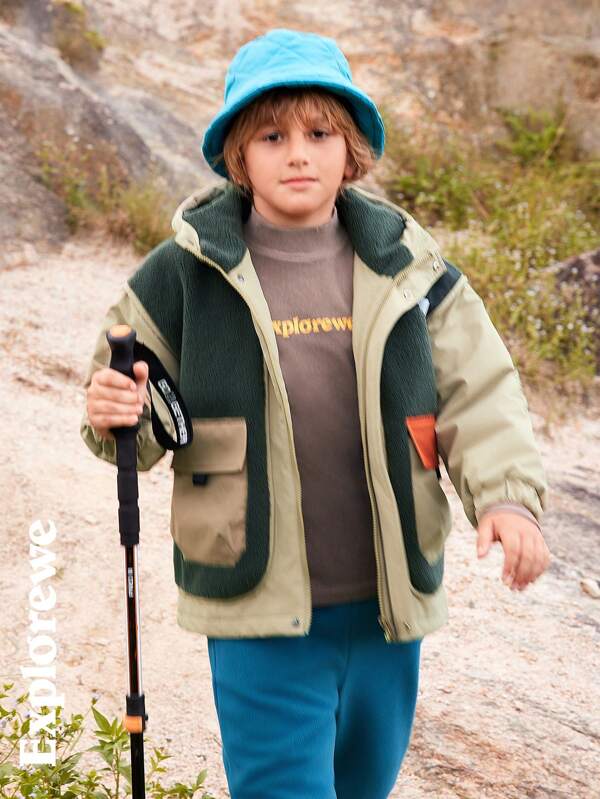 SHEIN Tween Boys' Colorblock Casual Outdoor Sports Hooded Padded Coat With Zipper Pockets, Warm Winter