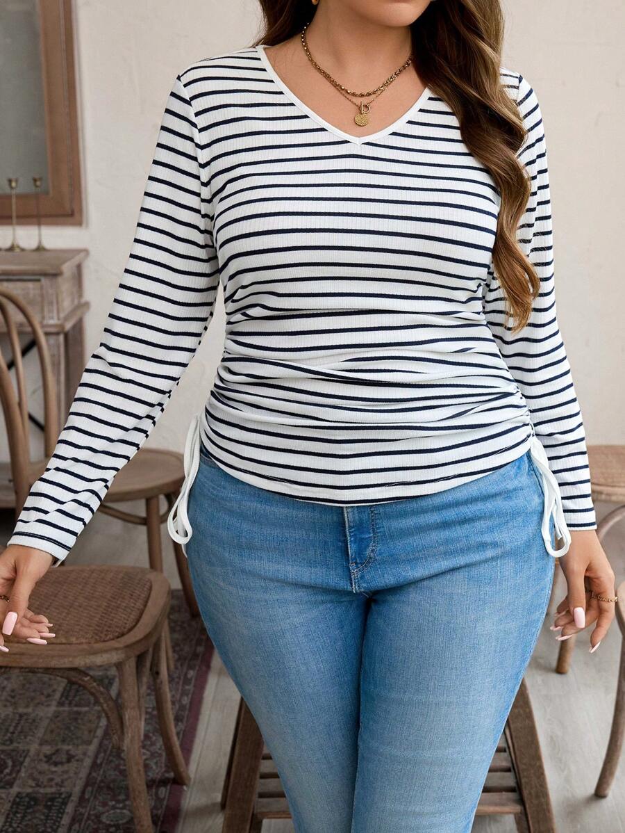 SHEIN LUNE Fall Clothes Casual Everyday Wear Plus Size Striped Basic Fitted T-Shirt Autumn Long Sleeve Striped T-Shirt Holiday Outfit
