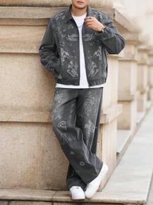 Manfinity EMRG 2 piezas/Set Chaqueta vaquera de manga larga con estampado de calavera y pantalones vaqueros conjunto informal talla grande para hombre, primavera y otoño