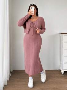 SHEIN EZwear 情人节，大码动漫风格休闲粉色针织开衫和连衣裙 2 件套 - 藕粉色 - 查看 1