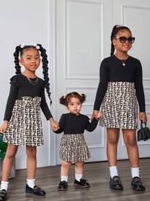 SHEIN 2pcs Baby Girls Cute Black Knitted Ruffle Trim Top And Letter Print Skirt Outfit, Fall/Winter - Multicolor - View 10