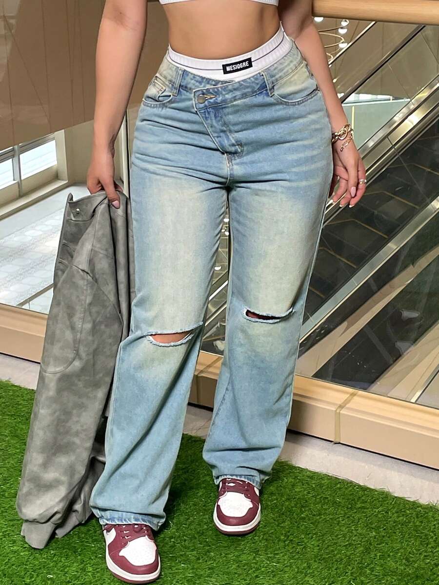 Women's Asymmetrical Waistband Distressed Denim Jeans - Light Wash - View 1