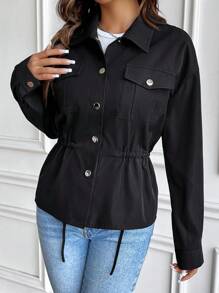 Chiquease Women's Solid Color Drop Shoulder Long Sleeve Loose Drawstring Jacket, Spring Autumn Fall Cloth For Women - Black - View 5