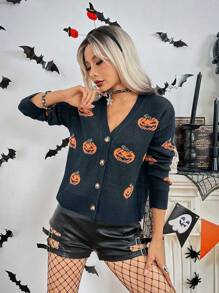 Chiquease Halloween Pumpkin Graphic V-Neck Drop Shoulder Knitted Cardigan Fall Cloth For Women