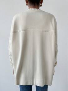 EURMUSE Áo thun nữ tay dài trơn có khóa kéo túi trước thường ngày - Màu be - Xem 3