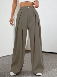Flirla Women Solid Color Pleated Pocket Wide Leg Pants Suit - Khaki - View 5