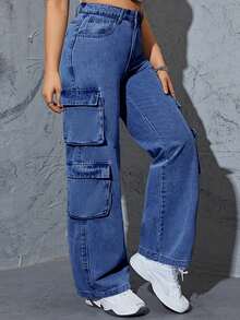 Plus Size Women's Y2K Street Style Multi-Pocket Cargo Straight Leg Jeans Casual Spring - Dark Wash - View 3