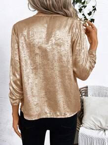 SHEIN Clasi Women's Elegant Gold Foil 3/4 Sleeve Lapel Jacket, Autumn Spring - Apricot - View 2
