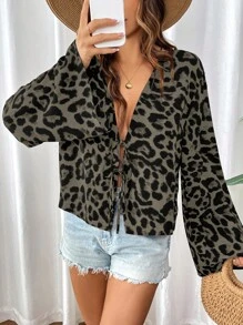 SHEIN VCAY 女士休闲宽松 V 领长袖豹纹衬衫 - 彩色 - 查看 3