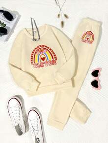 2 件套大姐姐和小妹妹配套羊毛运动服套装，适合女孩，卡通彩虹印花连帽衫和裤子冬季休闲装，杏色