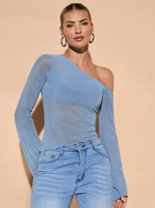 SHEIN BAE Áo thun trơn cổ bất đối xứng tay dài đơn giản trong suốt cho nữ - Màu xanh lam - Xem 4