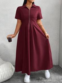 Flirla Vestido minimalista de manga corta con bolsillo y cremallera frontal en unicolor burdeos para mujer de talla grande - Burdeos - Ver 3