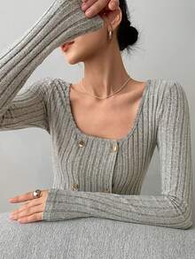 EastFlair 韩国时尚女式休闲 U 领长袖双排扣 T 恤，秋冬 - 杏色 - 查看 6