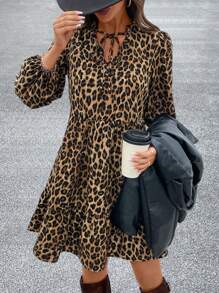 SHEIN Clasi Women's Loose Fit Animal Print V-Neck Long Sleeve Mini Dress With Tie Belt, Urban Chic, Fall/Winter - Multicolor - View 3