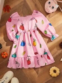 Girls' Colorful Pumpkin Print Ruffled Waist Dress For Halloween, Toddler