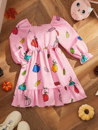Robe pour fillette à la taille avec volants à imprimé citrouille colorée pour Halloween, pour tout-petits