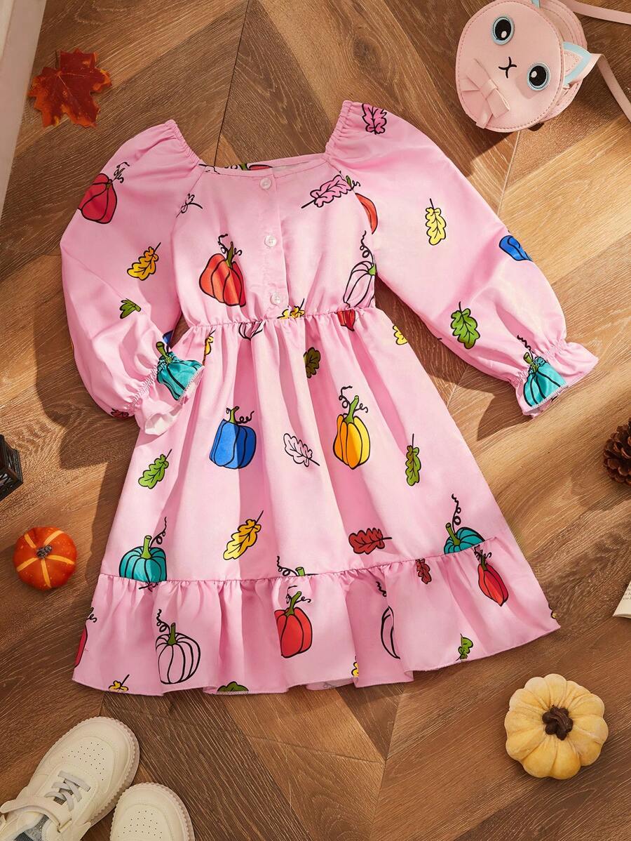 Girls' Colorful Pumpkin Print Ruffled Waist Dress For Halloween, Toddler