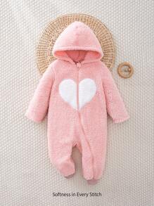 Cozy Pixies Baby Girl Valentine's Day Heart Contrast Color Double-Sided Fleece Hooded Long Sleeve Jumpsuit - Pink - View 1