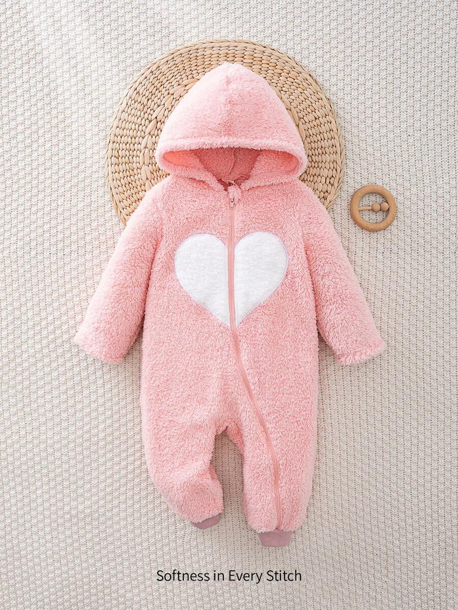 Cozy Pixies Baby Girl Valentine's Day Heart Contrast Color Double-Sided Fleece Hooded Long Sleeve Jumpsuit - Pink - View 1