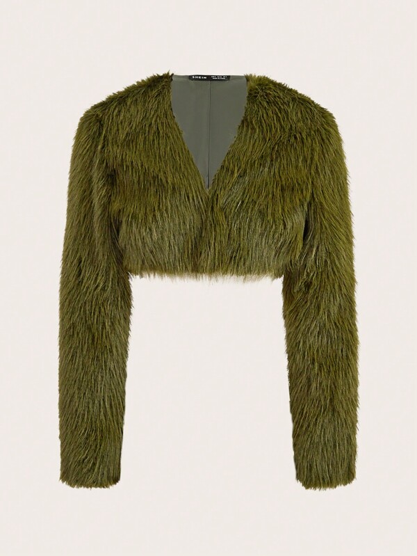Sweetina Women's Solid Color Long Sleeve Fuzzy Cropped Jacket, Casual Daily Wear